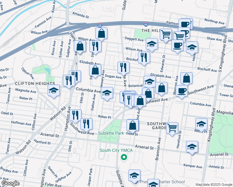 map of restaurants, bars, coffee shops, grocery stores, and more near Columbia Avenue in St. Louis
