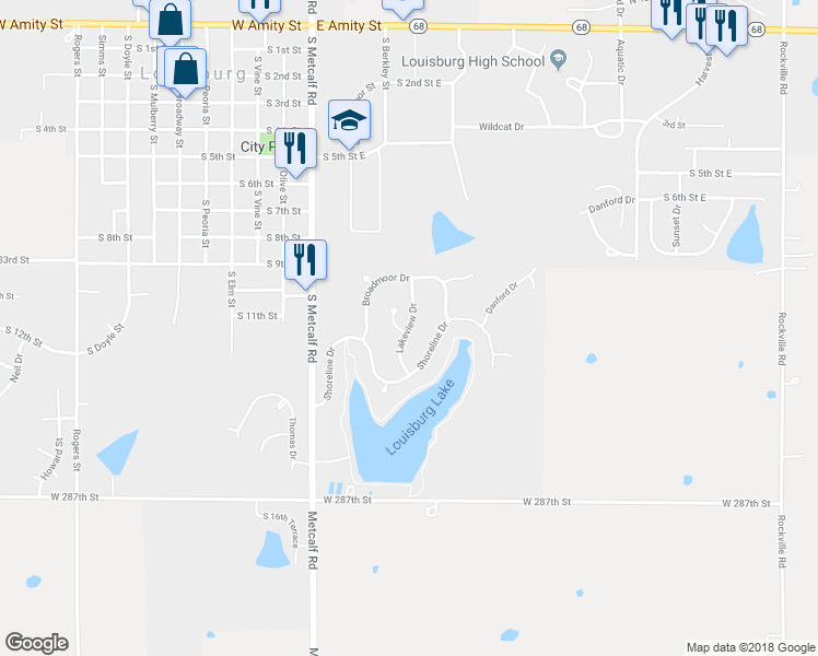 map of restaurants, bars, coffee shops, grocery stores, and more near Lakeview Drive in Louisburg
