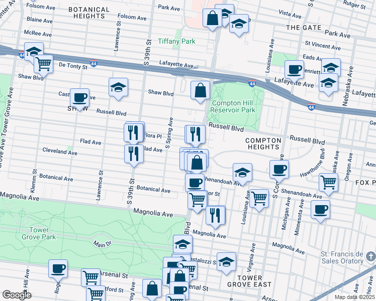 map of restaurants, bars, coffee shops, grocery stores, and more near 3625 Flad Avenue in St. Louis
