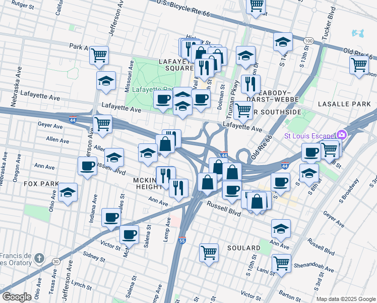 map of restaurants, bars, coffee shops, grocery stores, and more near 1801 South 18th Street in St. Louis