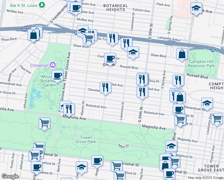 map of restaurants, bars, coffee shops, grocery stores, and more near 4049 Cleveland Avenue in St. Louis