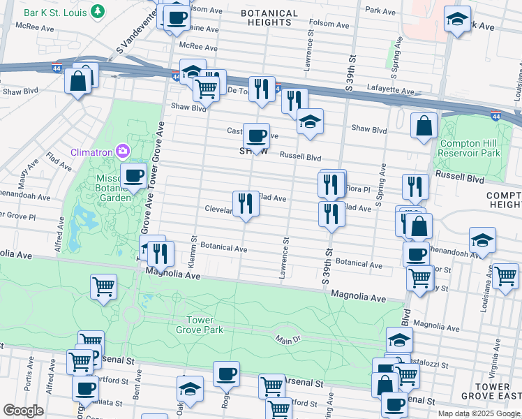 map of restaurants, bars, coffee shops, grocery stores, and more near 4045 Cleveland Avenue in St. Louis