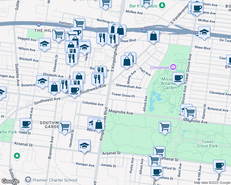 map of restaurants, bars, coffee shops, grocery stores, and more near 4643 Tower Grove Place in St. Louis