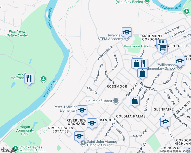 map of restaurants, bars, coffee shops, grocery stores, and more near 10408 Hollydale Way in Rancho Cordova