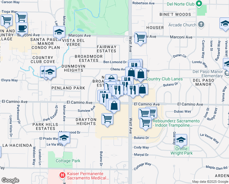 map of restaurants, bars, coffee shops, grocery stores, and more near 3428 Balmoral Drive in Sacramento