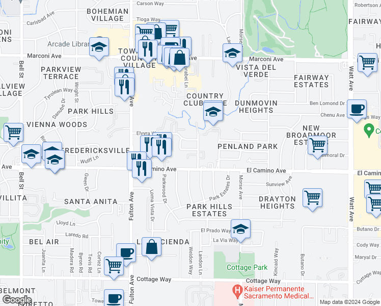 map of restaurants, bars, coffee shops, grocery stores, and more near 2842 Sweet Way in Sacramento