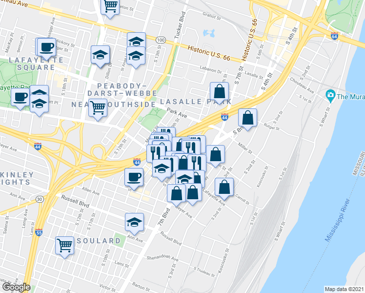 map of restaurants, bars, coffee shops, grocery stores, and more near 1535 South 8th Street in St. Louis