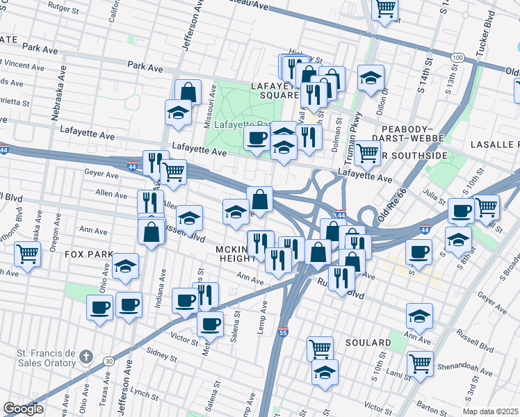 map of restaurants, bars, coffee shops, grocery stores, and more near 1780 Mississippi Avenue in St. Louis