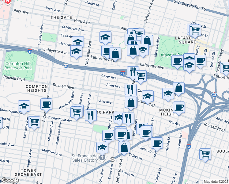 map of restaurants, bars, coffee shops, grocery stores, and more near 2647 Russell Boulevard in St. Louis
