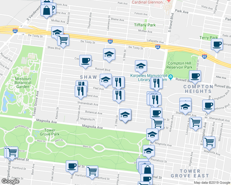 map of restaurants, bars, coffee shops, grocery stores, and more near in St. Louis