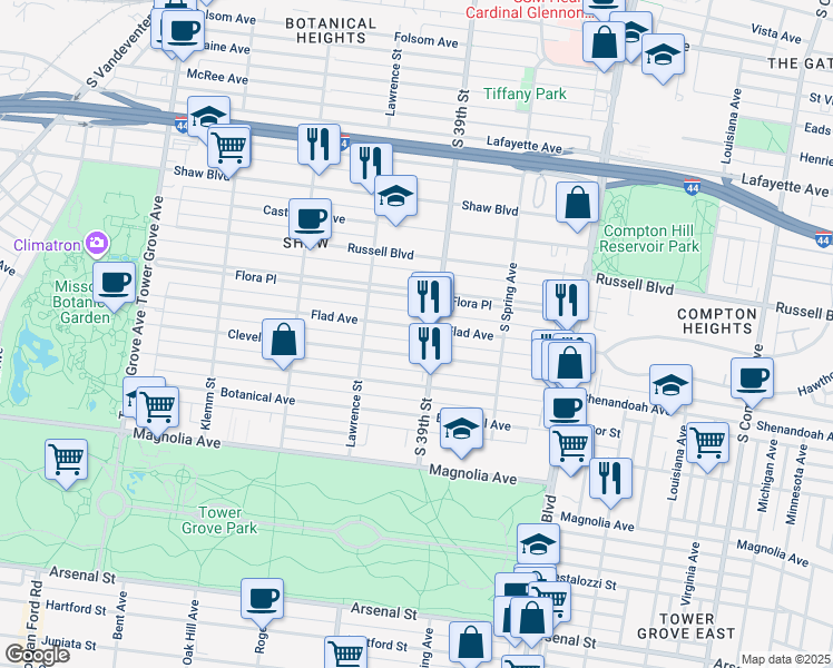 map of restaurants, bars, coffee shops, grocery stores, and more near 2213 South 39th Street in St. Louis