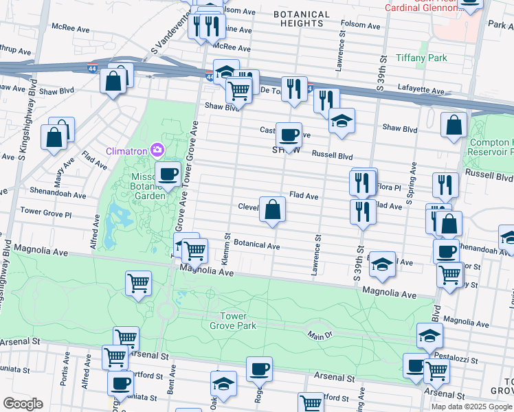 map of restaurants, bars, coffee shops, grocery stores, and more near 4116 Cleveland Avenue in St. Louis