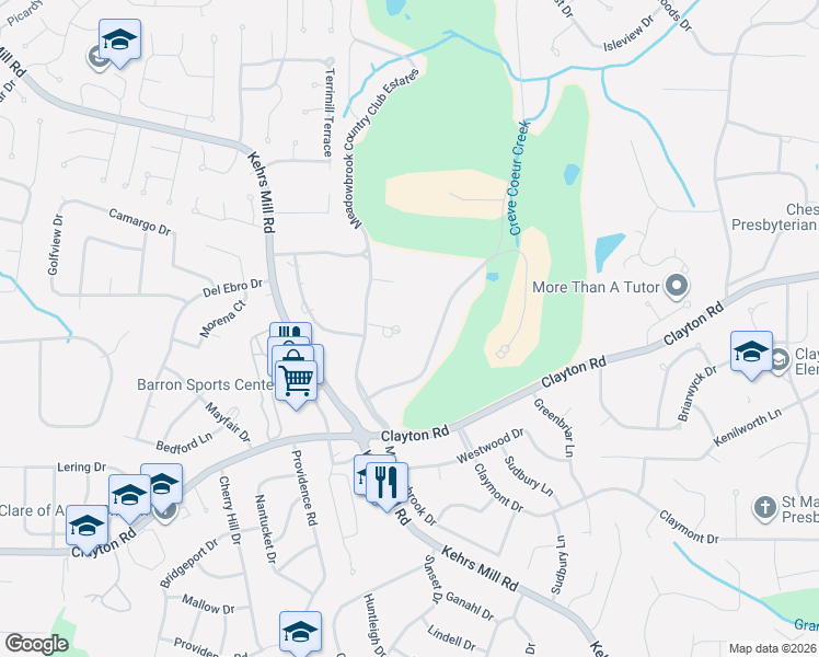 map of restaurants, bars, coffee shops, grocery stores, and more near 15 Meadowbrook Country Club Estates in Ballwin
