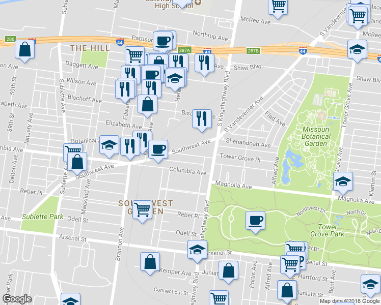 map of restaurants, bars, coffee shops, grocery stores, and more near 4951 Botanical Avenue in St. Louis