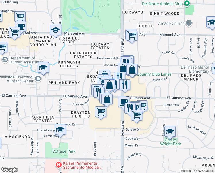 map of restaurants, bars, coffee shops, grocery stores, and more near 3428 Balmoral Drive in Sacramento