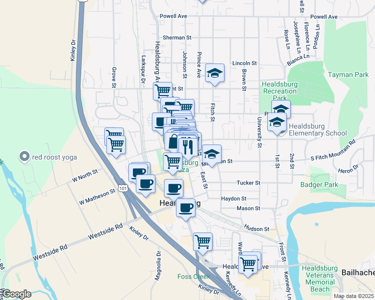 map of restaurants, bars, coffee shops, grocery stores, and more near 133 Matheson Street in Healdsburg