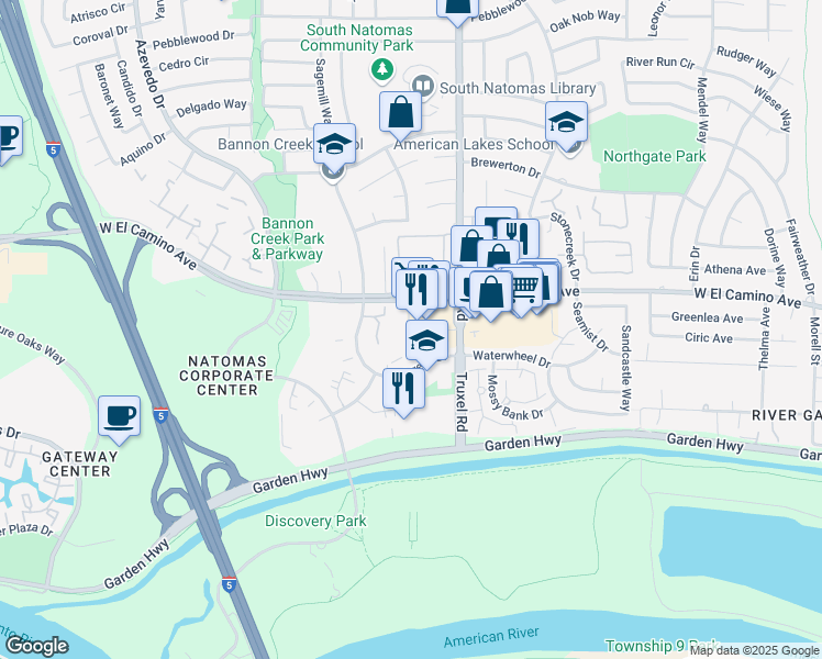 map of restaurants, bars, coffee shops, grocery stores, and more near 2215 Natomas Crossing in Sacramento