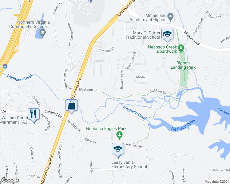 map of restaurants, bars, coffee shops, grocery stores, and more near 2382 Battery Hill Circle in Woodbridge