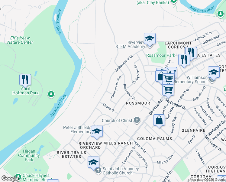 map of restaurants, bars, coffee shops, grocery stores, and more near 10408 Hollydale Way in Rancho Cordova