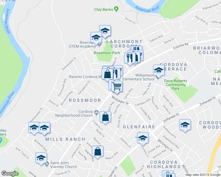 map of restaurants, bars, coffee shops, grocery stores, and more near 10655 Coloma Road in Rancho Cordova