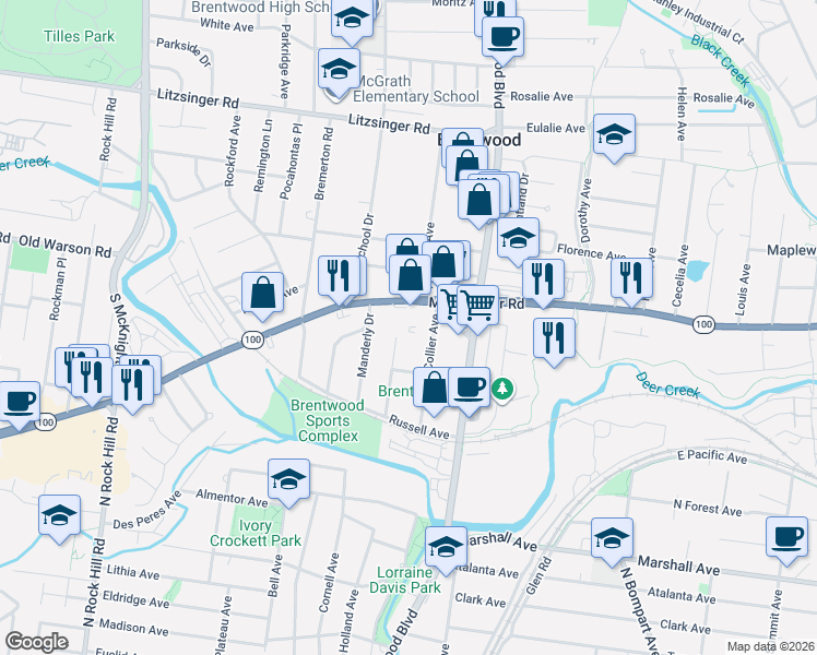 map of restaurants, bars, coffee shops, grocery stores, and more near 2802 Hilldale Avenue in Brentwood