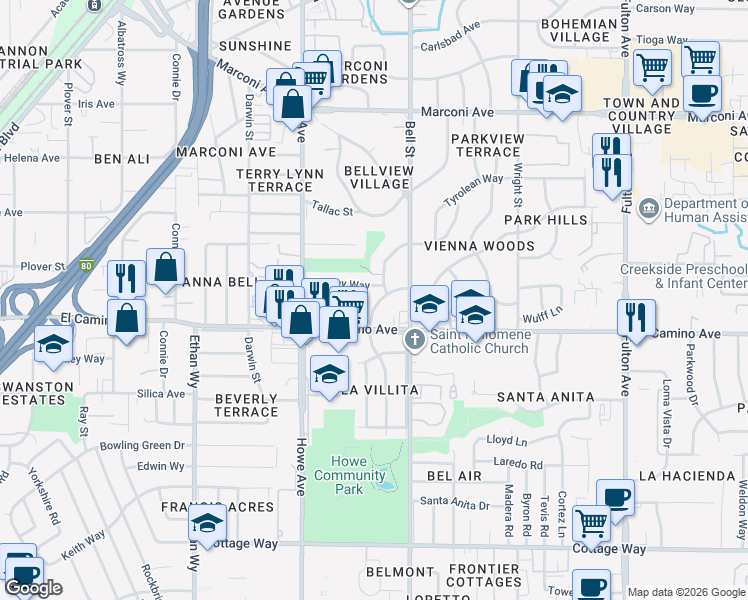 map of restaurants, bars, coffee shops, grocery stores, and more near 2512 Moretti Way in Sacramento