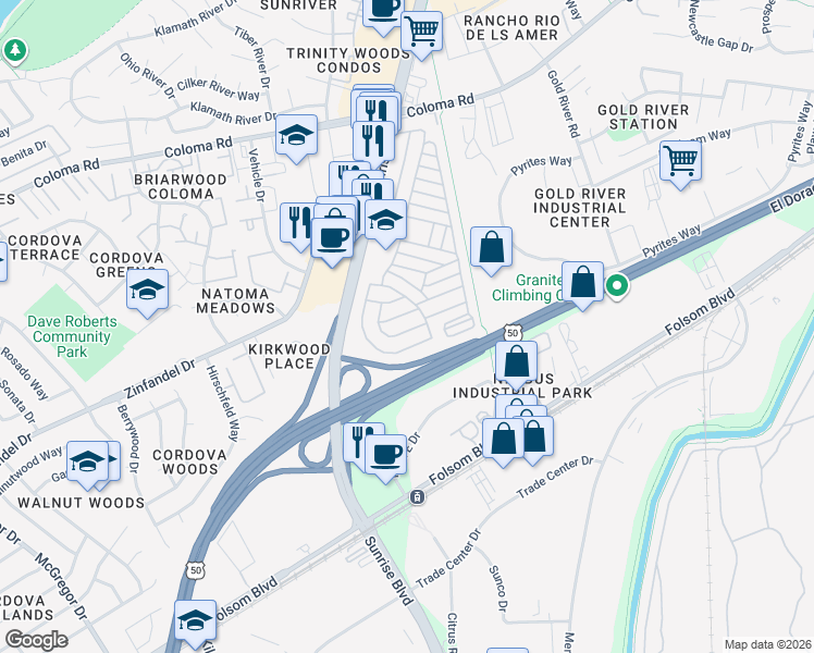 map of restaurants, bars, coffee shops, grocery stores, and more near 2473 Sunrise Boulevard in Gold River