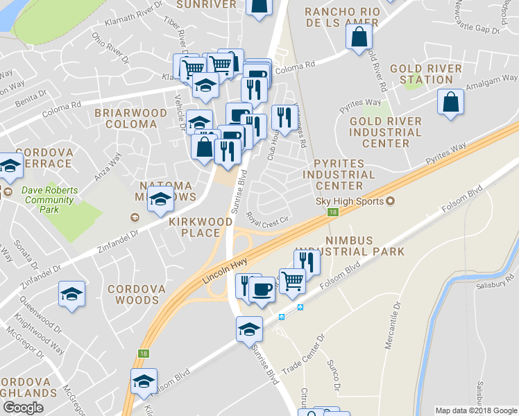 map of restaurants, bars, coffee shops, grocery stores, and more near 367 Ravine Circle in Rancho Cordova