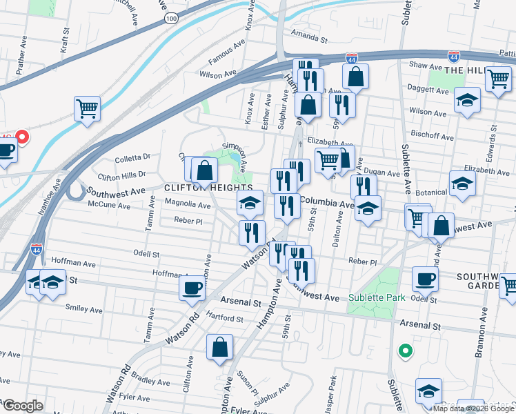 map of restaurants, bars, coffee shops, grocery stores, and more near 6022 Columbia Avenue in St. Louis