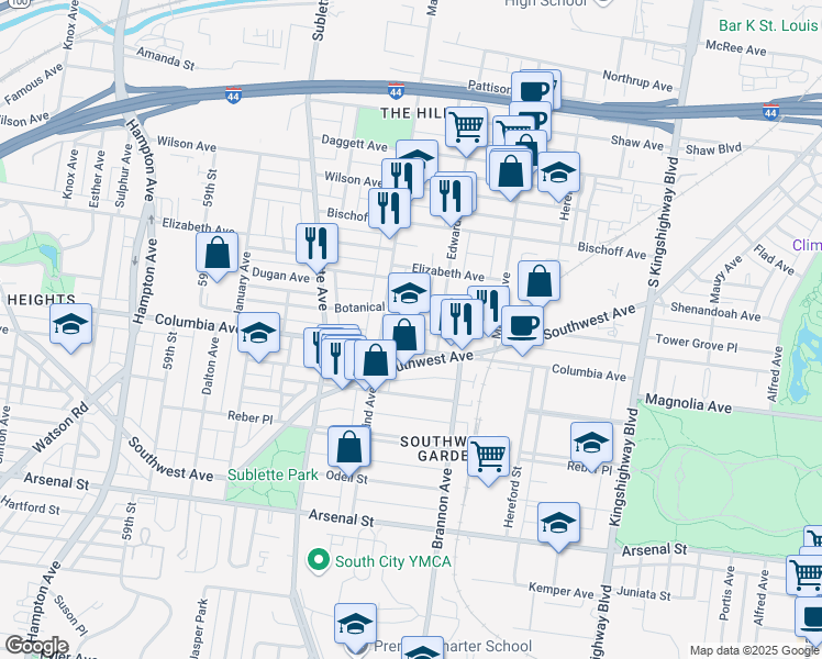 map of restaurants, bars, coffee shops, grocery stores, and more near 5329 Columbia Avenue in Saint Louis