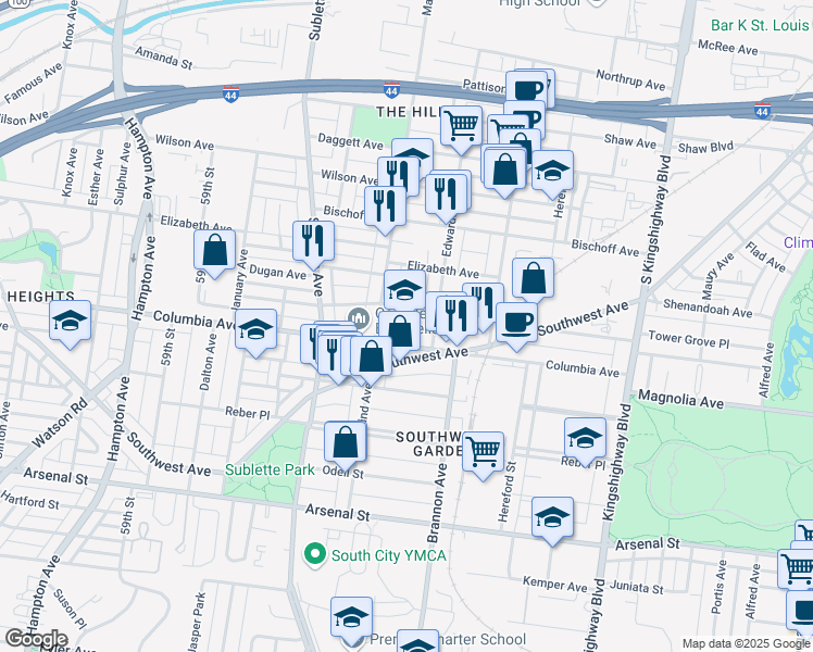 map of restaurants, bars, coffee shops, grocery stores, and more near 5329 Columbia Avenue in Saint Louis