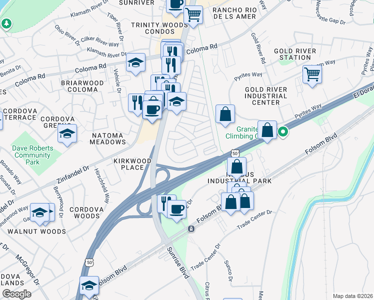 map of restaurants, bars, coffee shops, grocery stores, and more near 2473 Sunrise Boulevard in Gold River
