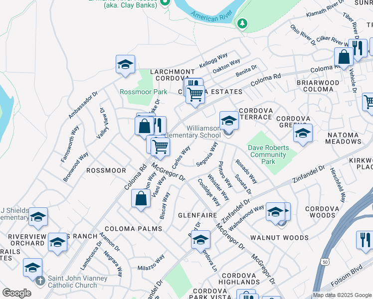 map of restaurants, bars, coffee shops, grocery stores, and more near 10733 Carlos Way in Rancho Cordova
