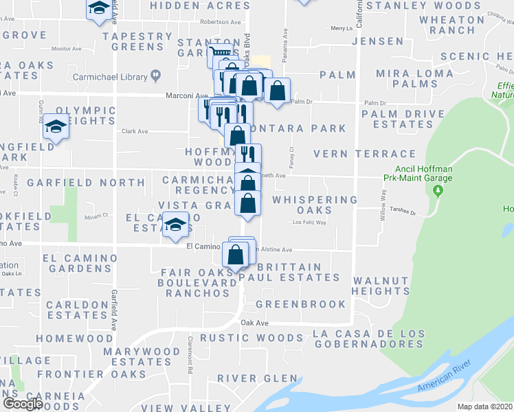 map of restaurants, bars, coffee shops, grocery stores, and more near 2610 Carmichael Way in Carmichael