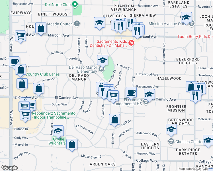 map of restaurants, bars, coffee shops, grocery stores, and more near 2550 Maryal Drive in Sacramento