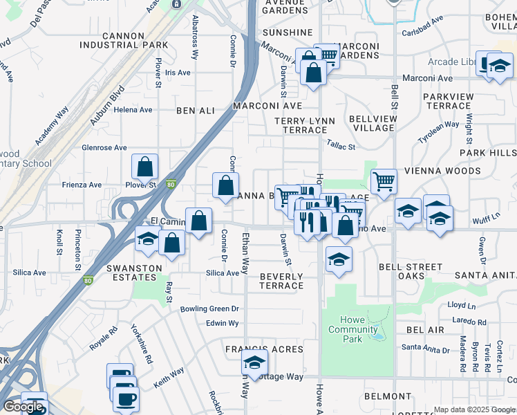 map of restaurants, bars, coffee shops, grocery stores, and more near 2513 Anna Way in Sacramento