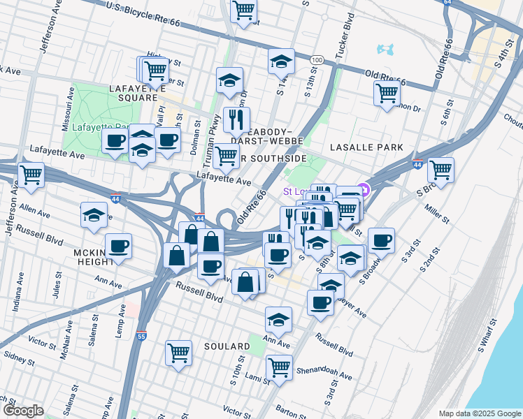 map of restaurants, bars, coffee shops, grocery stores, and more near 1810 South Tucker Boulevard in St. Louis