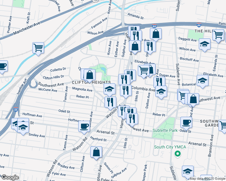 map of restaurants, bars, coffee shops, grocery stores, and more near 6022 Columbia Avenue in St. Louis