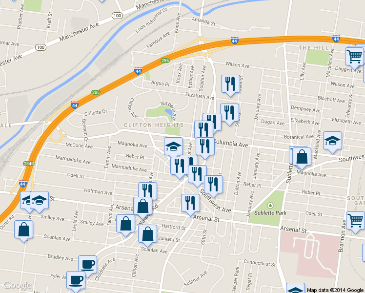 map of restaurants, bars, coffee shops, grocery stores, and more near 6022 Columbia Avenue in St. Louis