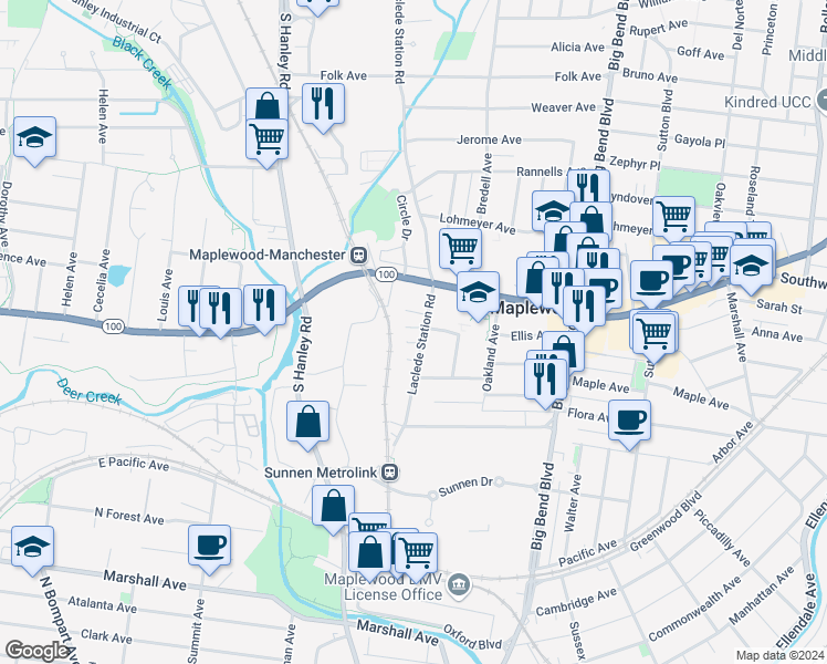 map of restaurants, bars, coffee shops, grocery stores, and more near 7846 Manchester Road in Maplewood