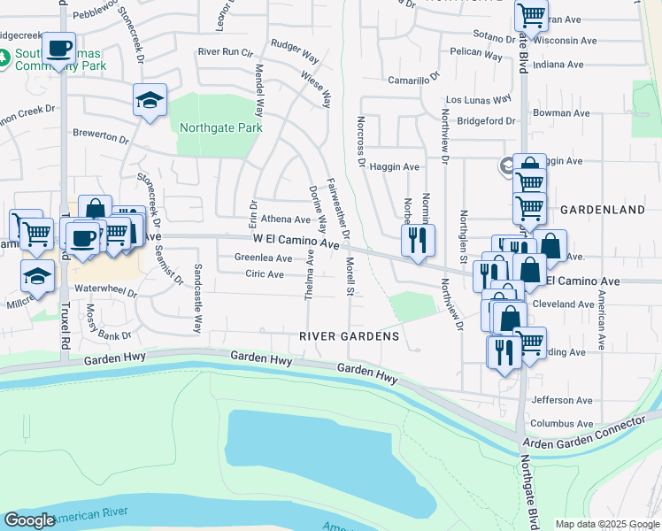 map of restaurants, bars, coffee shops, grocery stores, and more near 1012 Virgil Court in Sacramento