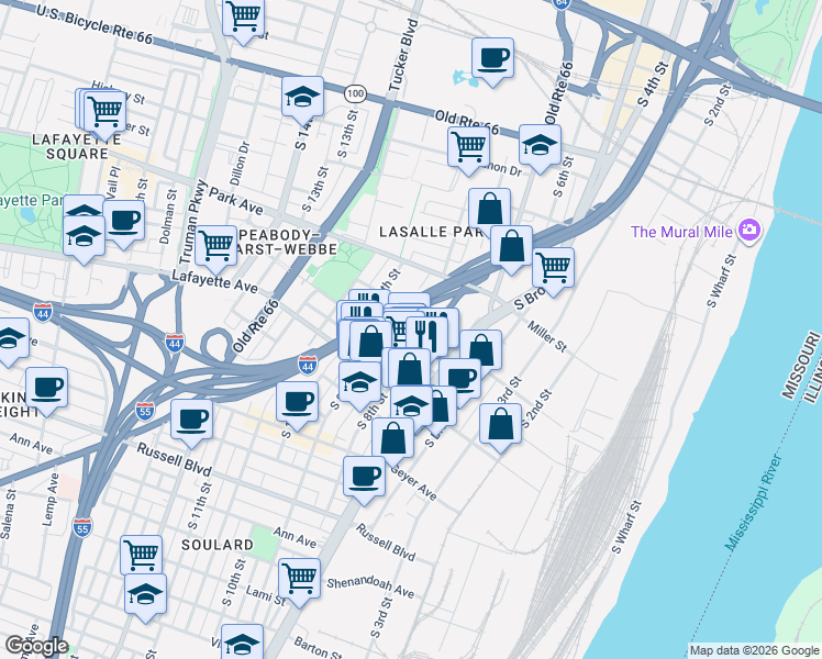 map of restaurants, bars, coffee shops, grocery stores, and more near 1531 South 8th Street in St. Louis