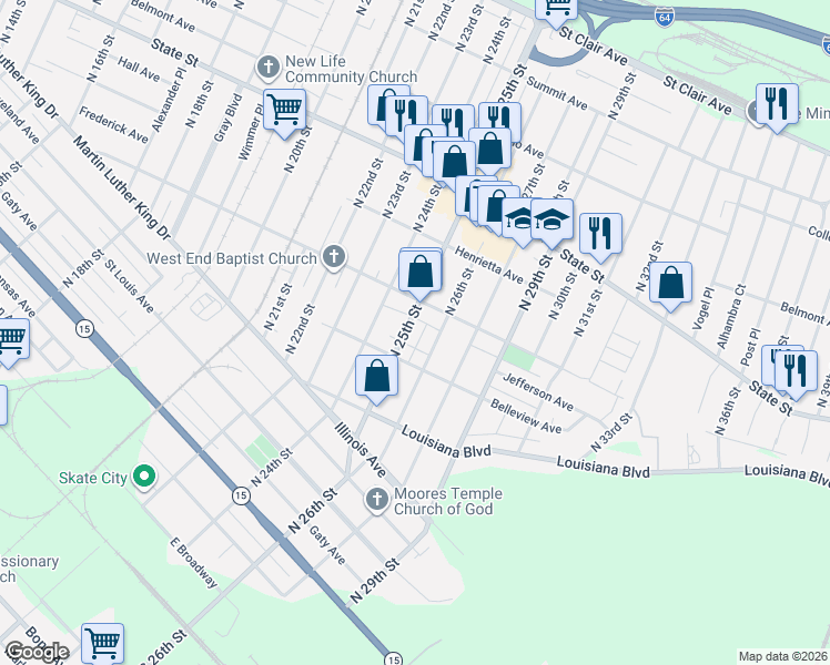 map of restaurants, bars, coffee shops, grocery stores, and more near 475 North 26th Street in East St. Louis
