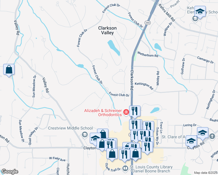 map of restaurants, bars, coffee shops, grocery stores, and more near 125 Forest Club Drive in Chesterfield