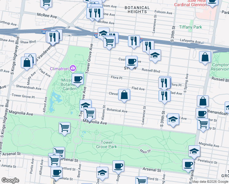 map of restaurants, bars, coffee shops, grocery stores, and more near 4149 Cleveland Avenue in St. Louis