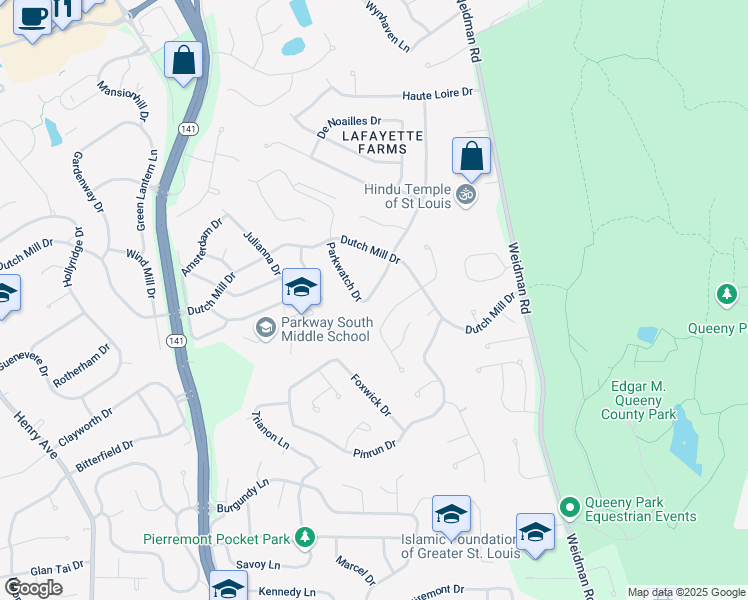 map of restaurants, bars, coffee shops, grocery stores, and more near 1259 Autumn Wood Circle in Ballwin