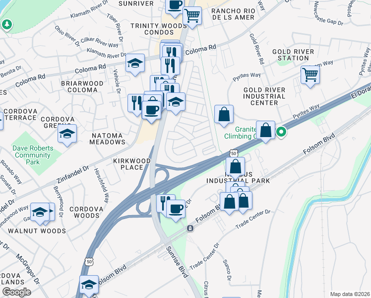 map of restaurants, bars, coffee shops, grocery stores, and more near 367 Ravine Circle in Rancho Cordova