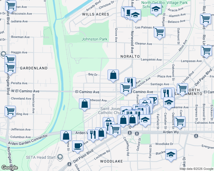 map of restaurants, bars, coffee shops, grocery stores, and more near 233 El Camino Avenue in Sacramento