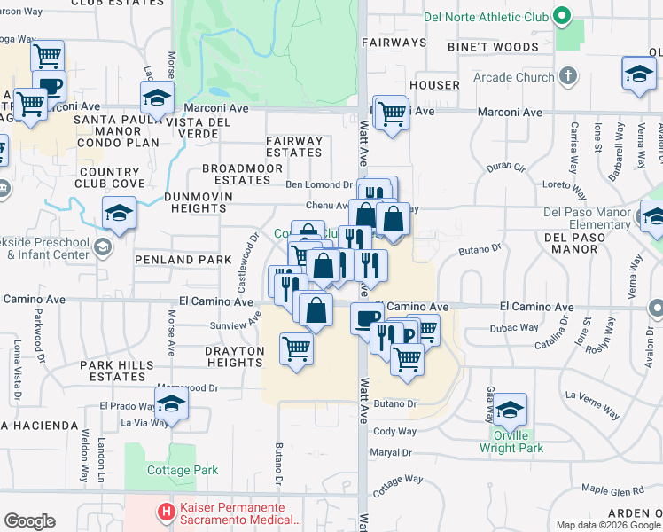 map of restaurants, bars, coffee shops, grocery stores, and more near 3428 Balmoral Drive in Sacramento
