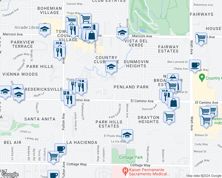 map of restaurants, bars, coffee shops, grocery stores, and more near 2901 El Camino Avenue in Sacramento
